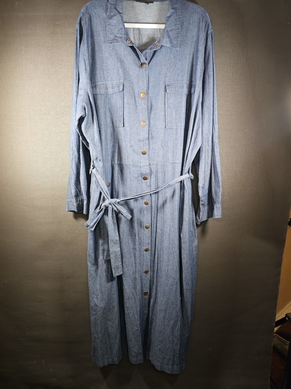 *Plus* Ashley Stewart Denim Blue Long Sleeve Button-Front Dress
